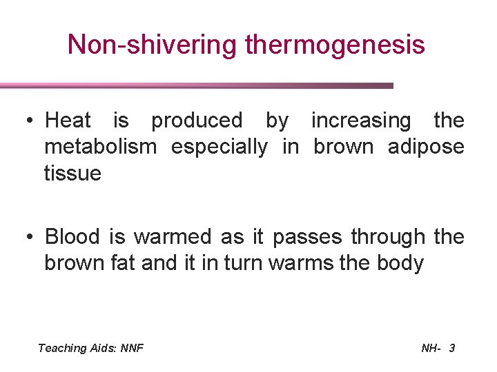 Non-shivering thermogenesis • Heat is produced by increasing the metabolism especially in brown adipose