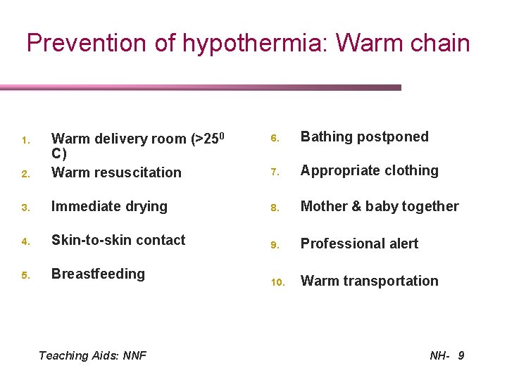 Prevention of hypothermia: Warm chain 6. Bathing postponed 2. Warm delivery room (>250 C)