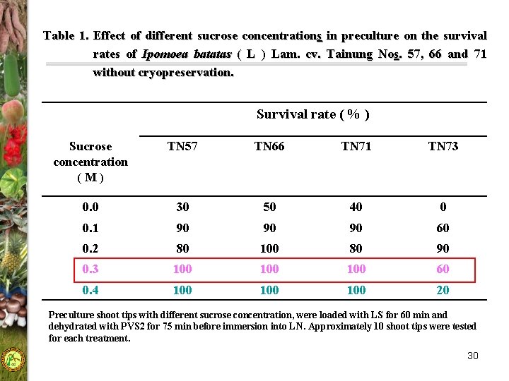 Table 1. Effect of different sucrose concentrations in preculture on the survival rates of