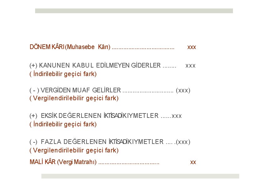 DÖNEM K RI (Muhasebe Kârı). . . . . xxx (+) KANUNEN KABUL EDİLMEYEN