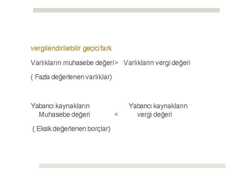 vergilendirilebilir geçici fark Varlıkların muhasebe değeri > Varlıkların vergi değeri ( Fazla değerlenen varlıklar)