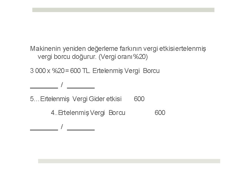 Makinenin yeniden değerleme farkının vergi etkisi ertelenmiş vergi borcu doğurur. (Vergi oranı %20) 3