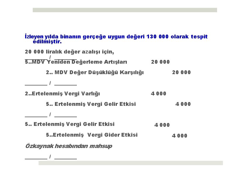 İzleyen yılda binanın gerçeğe uygun değeri 130 000 olarak tespit edilmiştir. 20 000 liralık