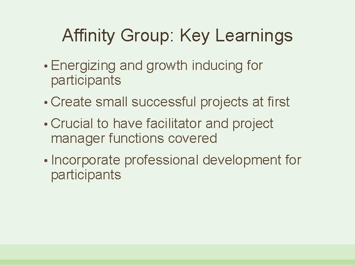 Affinity Group: Key Learnings • Energizing and growth inducing for participants • Create small