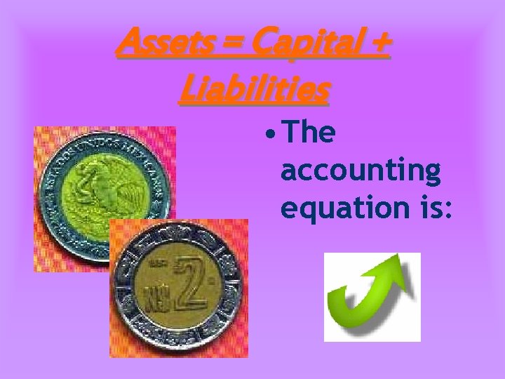 Assets = Capital + Liabilities • The accounting equation is: 