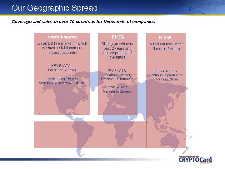 Our Geographic Spread Coverage and sales in over 70 countries for thousands of companies Our Geographic Spread Coverage and sales in over 70 countries for thousands of companies