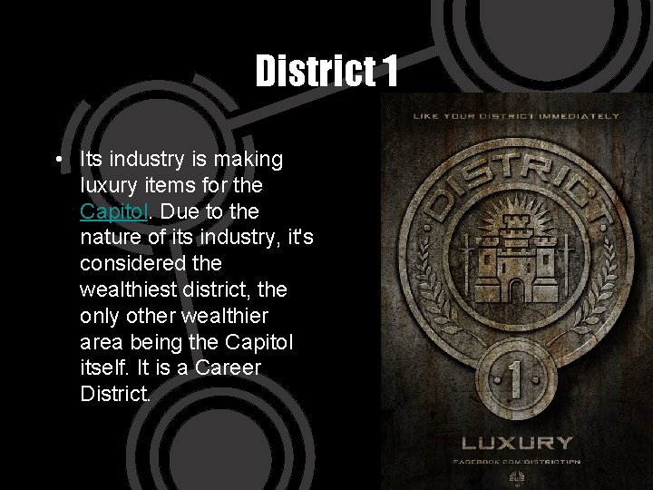District 1 • Its industry is making luxury items for the Capitol. Due to