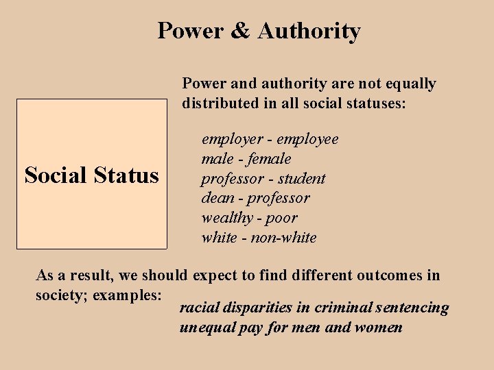 Power & Authority Power and authority are not equally distributed in all social statuses: