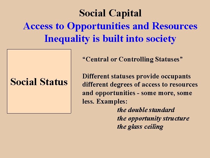 Social Capital Access to Opportunities and Resources Inequality is built into society “Central or