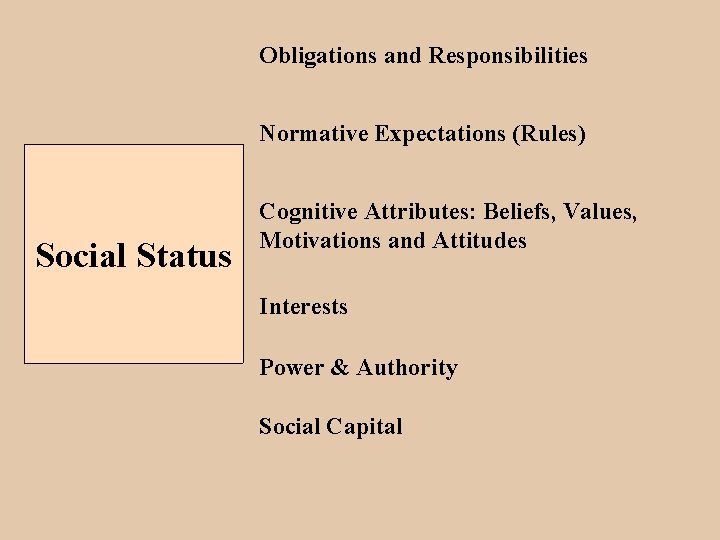 Obligations and Responsibilities Normative Expectations (Rules) Social Status Cognitive Attributes: Beliefs, Values, Motivations and