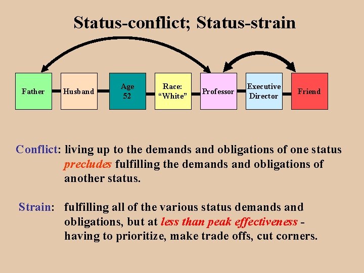Status-conflict; Status-strain Father Husband Age 52 Race: “White” Professor Executive Director Friend Conflict: living