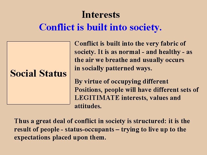 Interests Conflict is built into society. Social Status Conflict is built into the very