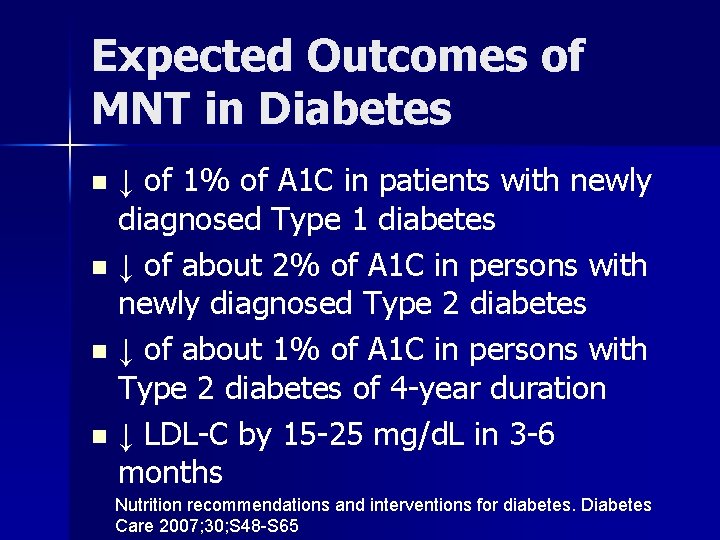 Expected Outcomes of MNT in Diabetes ↓ of 1% of A 1 C in