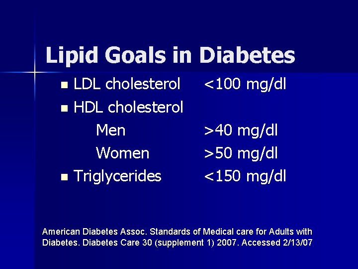 Lipid Goals in Diabetes LDL cholesterol n HDL cholesterol Men Women n Triglycerides n