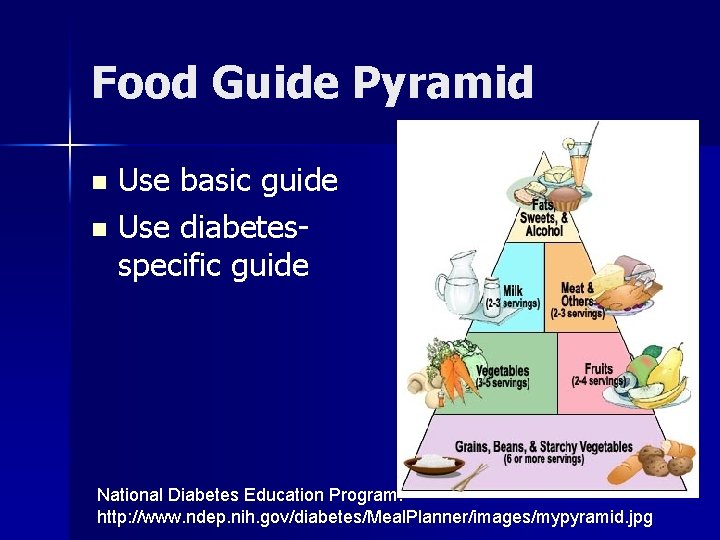 Food Guide Pyramid Use basic guide n Use diabetesspecific guide n National Diabetes Education