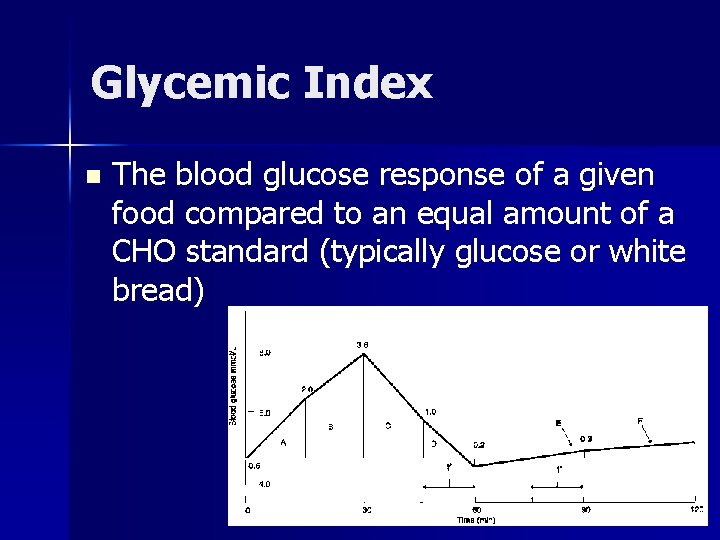 Glycemic Index n The blood glucose response of a given food compared to an