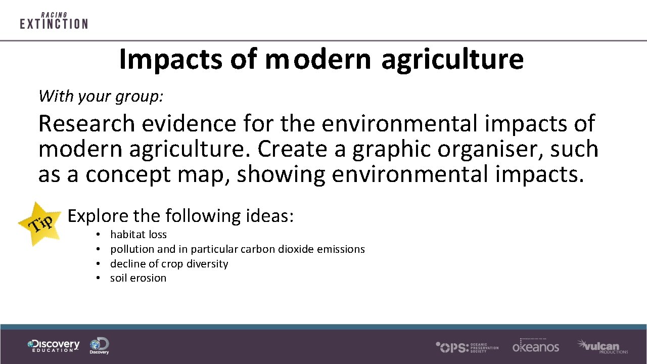 Impacts of modern agriculture With your group: Research evidence for the environmental impacts of