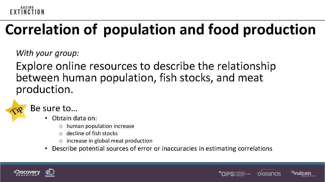 Correlation of population and food production With your group: Explore online resources to describe