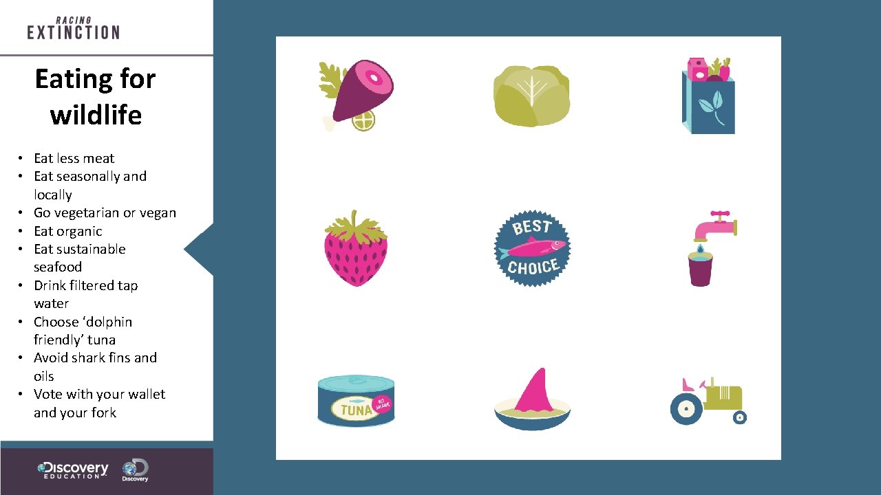 Eating for wildlife • Eat less meat • Eat seasonally and locally • Go