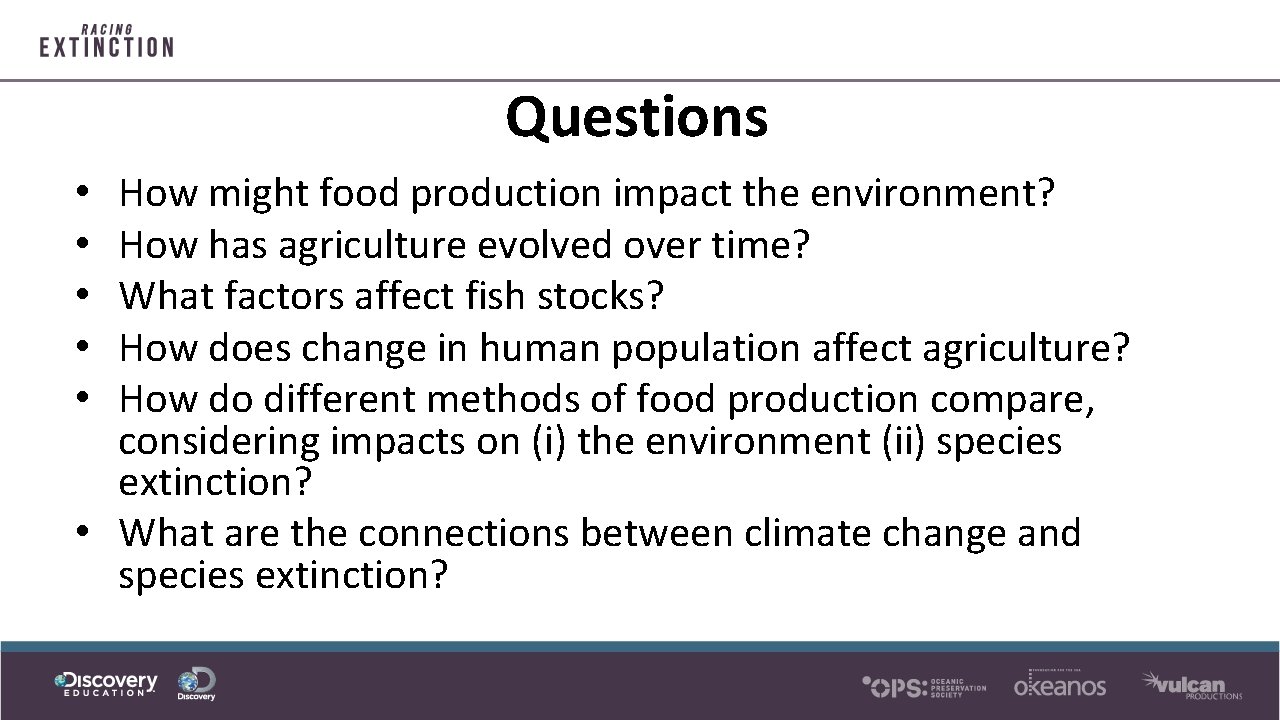 Questions How might food production impact the environment? How has agriculture evolved over time?