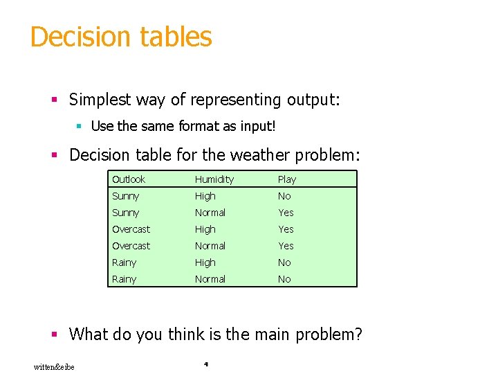Decision tables § Simplest way of representing output: § Use the same format as