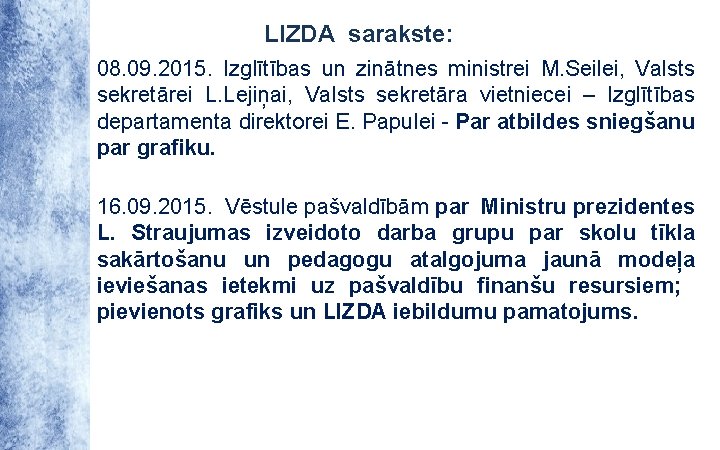 LIZDA sarakste: 08. 09. 2015. Izglītības un zinātnes ministrei M. Seilei, Valsts sekretārei L.