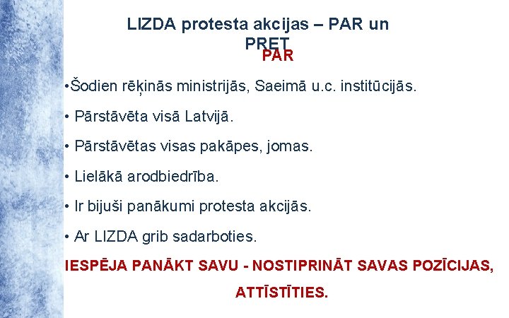 LIZDA protesta akcijas – PAR un PRET PAR • Šodien rēķinās ministrijās, Saeimā u.