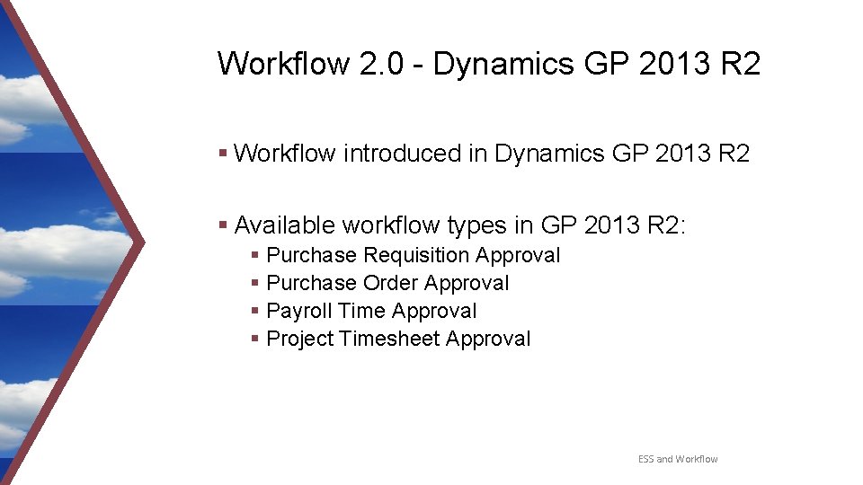 Workflow 2. 0 - Dynamics GP 2013 R 2 § Workflow introduced in Dynamics Workflow 2. 0 - Dynamics GP 2013 R 2 § Workflow introduced in Dynamics