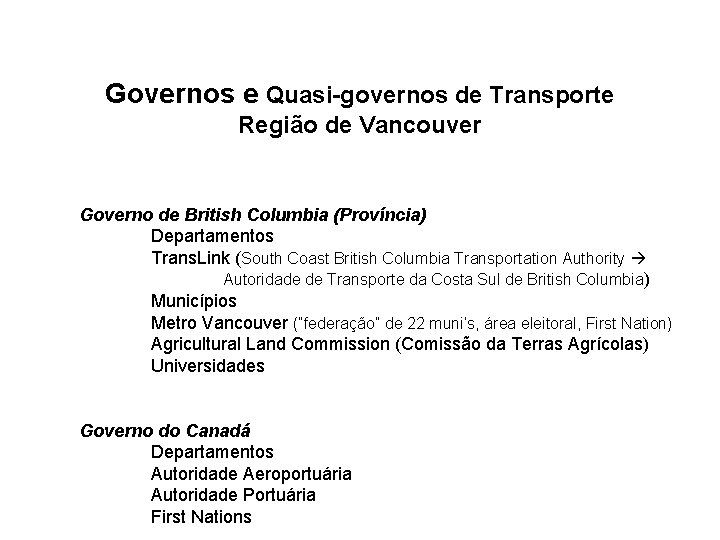 Governos e Quasi-governos de Transporte Região de Vancouver Governo de British Columbia (Província) Departamentos