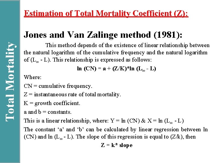 Estimation of Total Mortality Coefficient (Z): Total Mortality Jones and Van Zalinge method (1981):