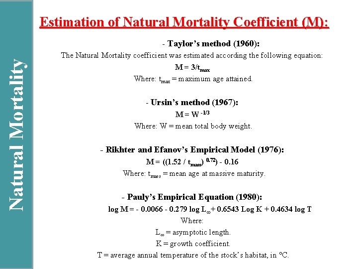 Natural Mortality Estimation of Natural Mortality Coefficient (M): - Taylor’s method (1960): The Natural