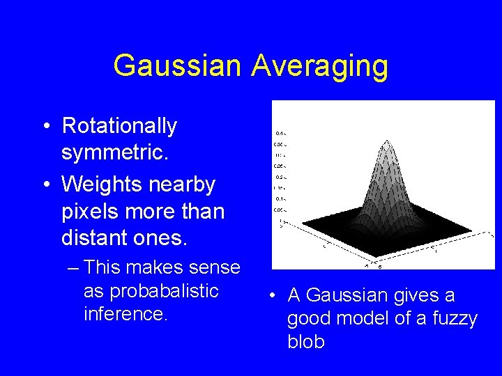 Gaussian Averaging • Rotationally symmetric. • Weights nearby pixels more than distant ones. – Gaussian Averaging • Rotationally symmetric. • Weights nearby pixels more than distant ones. –