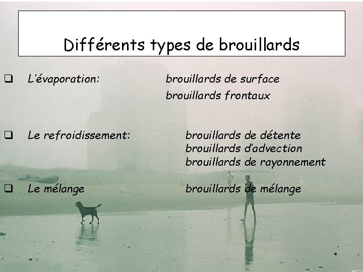Différents types de brouillards L’évaporation: brouillards de surface brouillards frontaux Le refroidissement: brouillards de