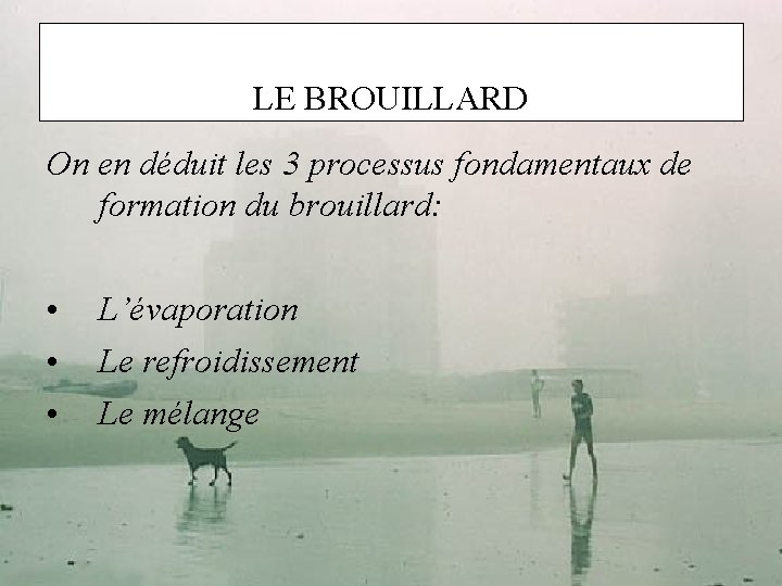 LE BROUILLARD On en déduit les 3 processus fondamentaux de formation du brouillard: •