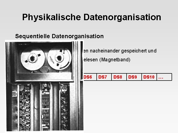 Physikalische Datenorganisation Sequentielle Datenorganisation = Datensätze einer Datei werden nacheinander gespeichert und in festgelegter