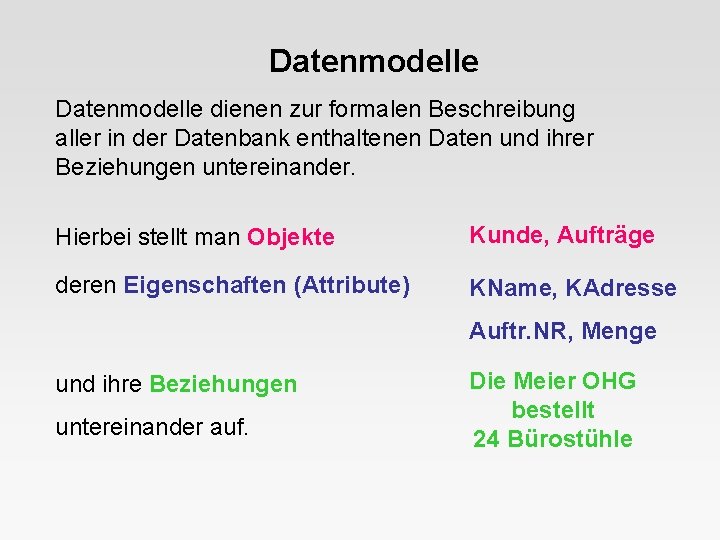 Datenmodelle dienen zur formalen Beschreibung aller in der Datenbank enthaltenen Daten und ihrer Beziehungen