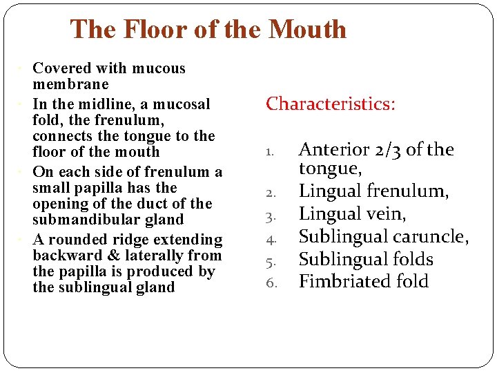 The Floor of the Mouth Covered with mucous membrane In the midline, a mucosal
