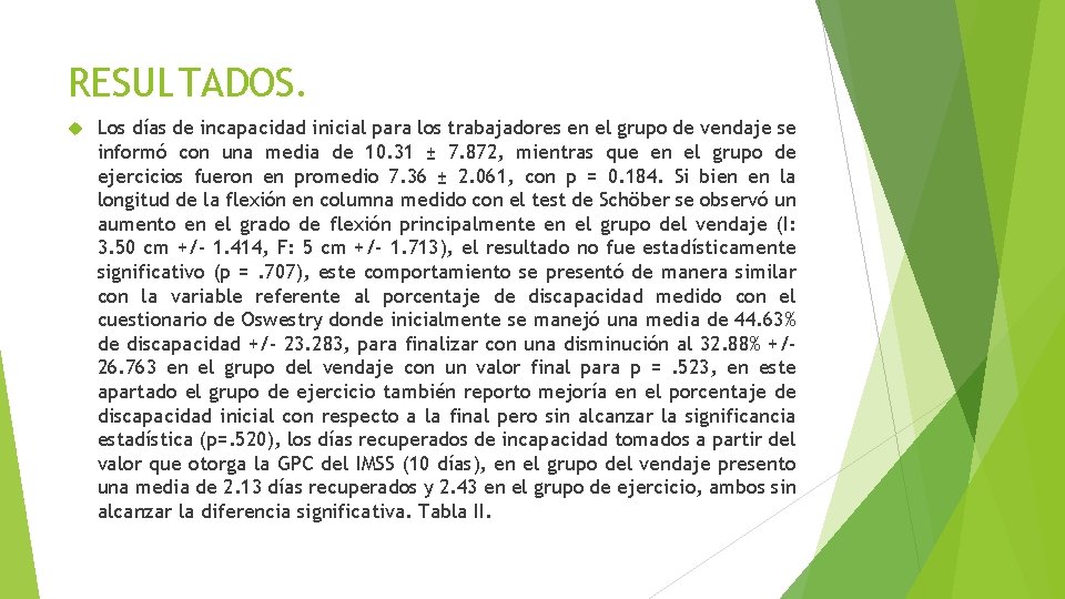 RESULTADOS. Los días de incapacidad inicial para los trabajadores en el grupo de vendaje