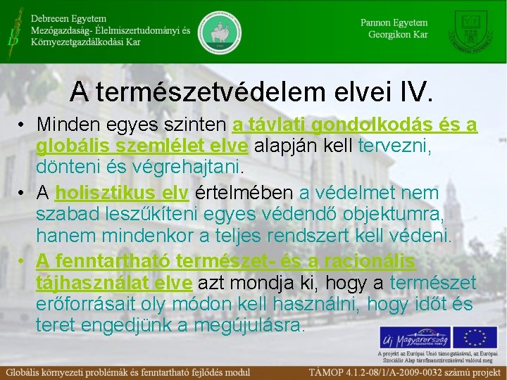 A természetvédelem elvei IV. • Minden egyes szinten a távlati gondolkodás és a globális