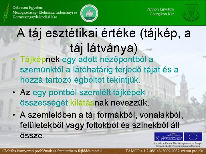 A táj esztétikai értéke (tájkép, a táj látványa) • Tájképnek egy adott nézőpontból a