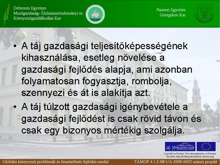  • A táj gazdasági teljesítőképességének kihasználása, esetleg növelése a gazdasági fejlődés alapja, ami