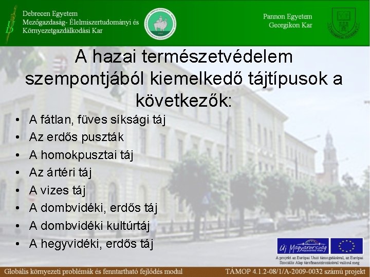 A hazai természetvédelem szempontjából kiemelkedő tájtípusok a következők: • • A fátlan, füves síksági