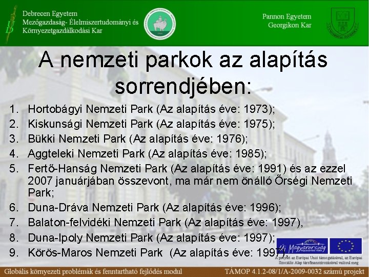 A nemzeti parkok az alapítás sorrendjében: 1. 2. 3. 4. 5. 6. 7. 8.