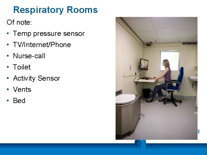 Respiratory Rooms Of note: • Temp pressure sensor • TV/Internet/Phone • Nurse-call • Toilet