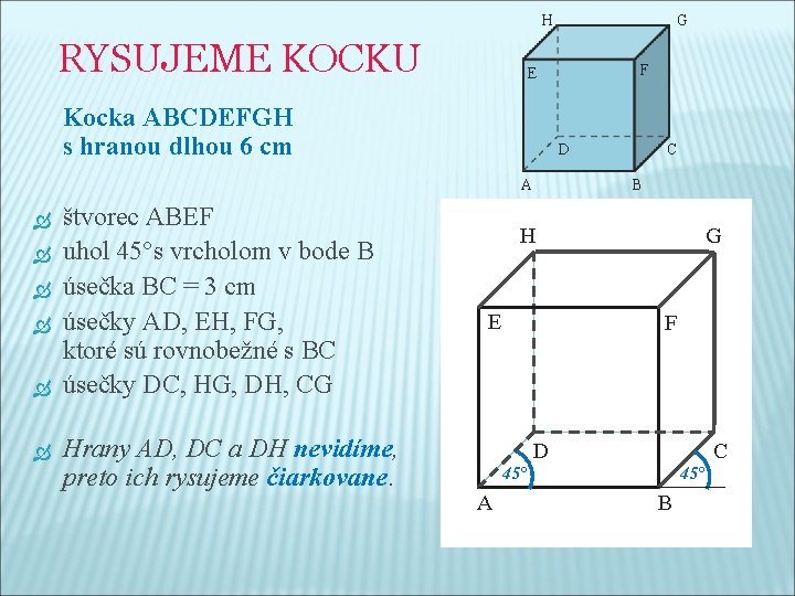H RYSUJEME KOCKU D A štvorec ABEF uhol 45°s vrcholom v bode B úsečka