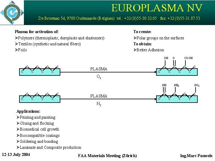 EUROPLASMA NV De Bruwaan 5 d, 9700 Oudenaarde (Belgium) tel. : +32 (0)55 -30.