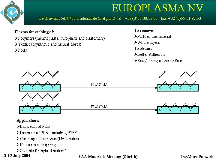 EUROPLASMA NV De Bruwaan 5 d, 9700 Oudenaarde (Belgium) tel. : +32 (0)55 -30.