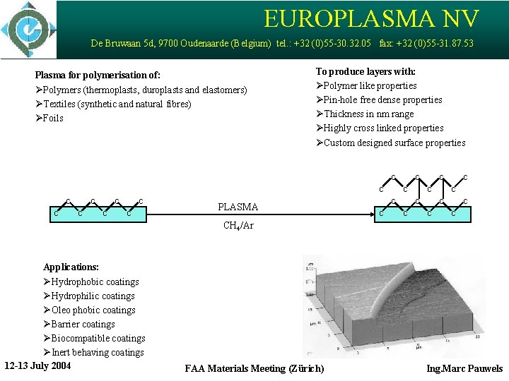 EUROPLASMA NV De Bruwaan 5 d, 9700 Oudenaarde (Belgium) tel. : +32 (0)55 -30.
