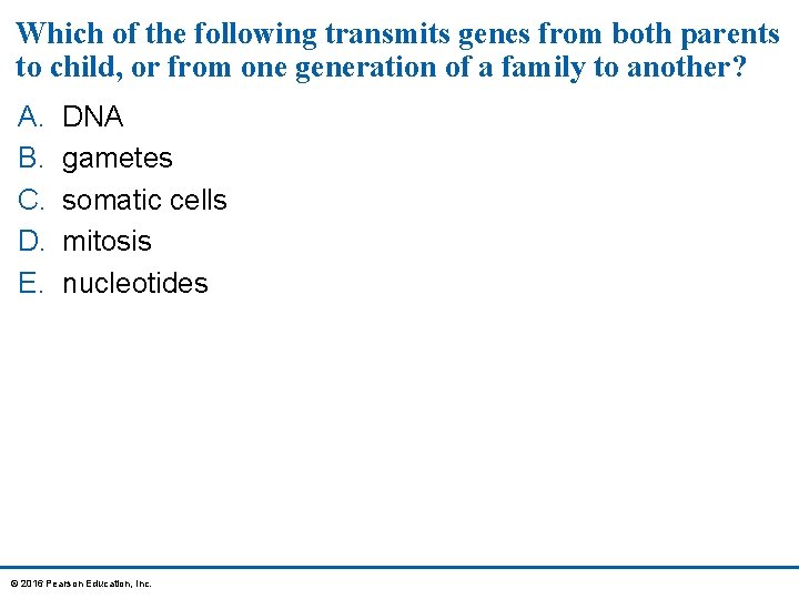 Which of the following transmits genes from both parents to child, or from one