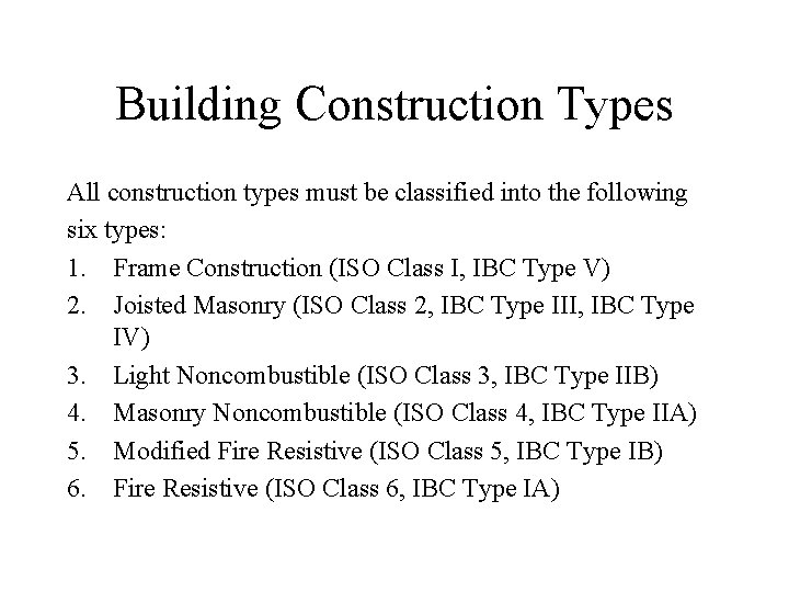 Building Construction Types All construction types must be classified into the following six types: